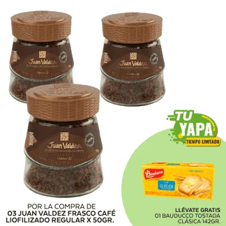 Juan Valdez Frasco Café Liofilizado Regular x 50gr. (03 unidades) - GRATIS: 01 Bauducco Tostada Clásica 142gr.