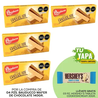 Bauducco Wafer de Chocolate 140gr. (04 unidades) - GRATIS: 03 Hershey’s Tableta CookiesNCream 20gr.