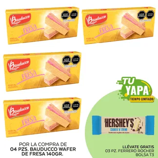 Bauducco Wafer de Fresa 140gr. (04 unidades) - GRATIS: 03 Hershey’s Tableta CookiesNCream 20gr.