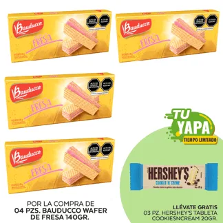 Bauducco Wafer de Fresa 140gr. (04 unidades) - GRATIS: 03 Hershey’s Tableta CookiesNCream 20gr.