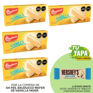 Bauducco Wafer de Vainilla 140gr. (04 unidades) - GRATIS: 03 Hershey’s Tableta CookiesNCream 20gr.