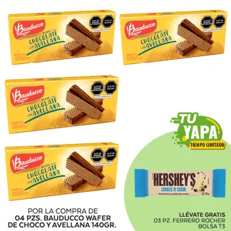 Bauducco Wafer de Chocolate Avellana 140gr. (04 unidades) - GRATIS: 03 Hershey’s Tableta CookiesNCream 20gr.