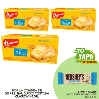 Bauducco Tostada Clásica 142gr. (03 unidades) - GRATIS: 09 Hershey’s Tableta CookiesNCream 20gr.