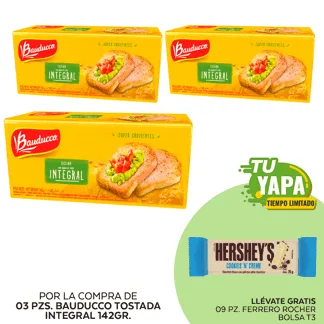 Bauducco Tostada Integral 142gr. (03 unidades) - GRATIS: 09 Hershey’s Tableta CookiesNCream 20gr.