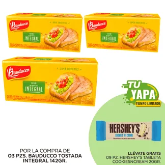 Bauducco Tostada Integral 142gr. (03 unidades) - GRATIS: 09 Hershey’s Tableta CookiesNCream 20gr.