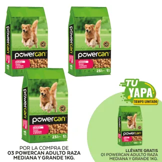 Powercan Adulto Raza Mediana y Grande 1kg. (03 Bolsas) - GRATIS: 01 Powercan Adulto Raza Mediana y Grande 1kg. Bolsa.