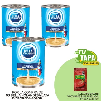 Bella Holandesa Lata Evaporada 405gr. (03 unidades) - GRATIS: 01 Compass Mermelada Fresa Sachet