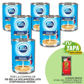 Bella Holandesa Lata Evaporada 405gr. (06 unidades) - GRATIS: 01 Sol del Cusco Tableta Sabor Chocolate (Canela y clavo) 90gr.