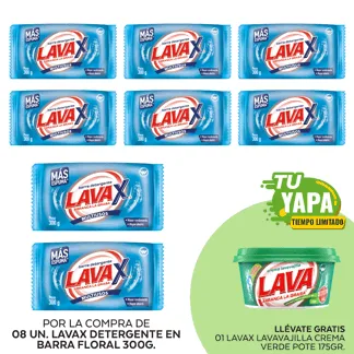 Lavax Detergente en Barra Floral 300gr. (08 unidades) - GRATIS: 01 Lavax Lavavajilla Crema Verde. Pote 175gr.