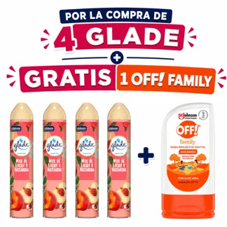 Glade Ambientador en Aerosol Nectarine 400ml.(04 PIEZAS) - GRATIS: 01 OFF REPEL CREM 60GR BONIF