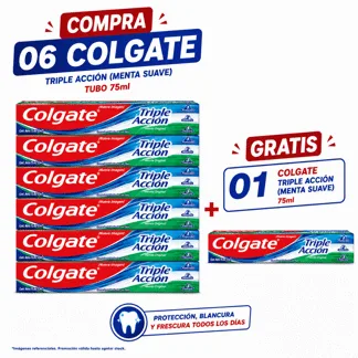 Colgate Crema Dental Triple Acción (Menta Suave) Tubo 75ml.( 6 unidades)- GRATIS: 01COLG TRIP ACCI 75ML BONIF
