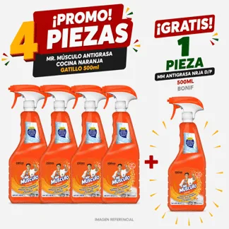 Mr. Músculo Antigrasa Cocina Naranja. Gatillo 500ml.(4 PIEZAS) - GRATIS: 01 MM ANTIGRASA NRJA D/P 500ML BONIF