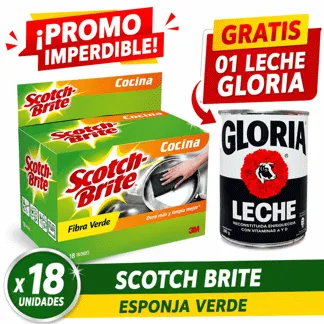 Scotch Brite Esponja Verde. Display x 18 unidades - 10X13.5 cm. - GRATIS: 01 S/B LECHE GLORIA GRANDE BONIF