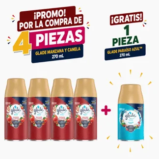 Glade Ambientador Automático Manzana Canela Repuesto 175gr.(4 PIEZAS) - GRATIS: 01 GLD AUT PARAI AZUL RPTO 175GR BONIF