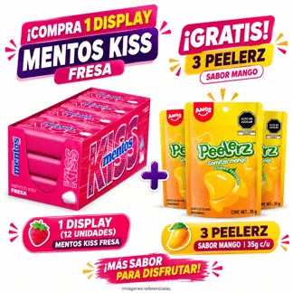 Mentos Kiss 50 P Rojo 12 x12. Display 12 unidades.-GRATIS: 03 amos peelerz mango display 96/35gr