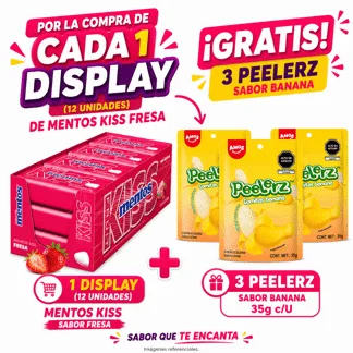 Mentos Kiss 50 P Rojo 12 x12. Display 12 unidades.-GRATIS: 03 amos peelerz banana display 96/35gr