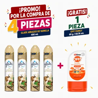 Glade Ambientador en Aerosol Vainilla 400ml.(04 PIEZAS) - GRATIS: 01 OFF REPEL CREM 60GR BONIF
