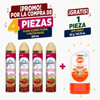 Glade Ambientador en Aerosol Alegría Floral Frutos Rojos 400ml.(04 PIEZAS) - GRATIS: 01 OFF REPEL CREM 60GR BONIF