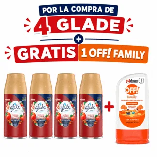 Glade Ambientador en Aerosol Manzana Canela 400ml.(04 PIEZAS) - GRATIS: 01 OFF REPEL CREM 60GR BONIF