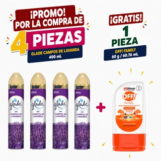 Glade Ambientador en Aerosol Lavanda 400ml.(04 PIEZAS) - GRATIS: 01 OFF REPEL CREM 60GR BONIF