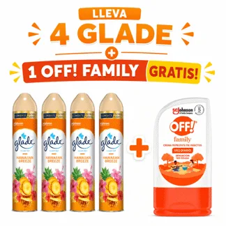 Glade Ambientador en Aerosol Hawaiian Breeze 400ml.(04 PIEZAS) - GRATIS: 01 OFF REPEL CREM 60GR BONIF