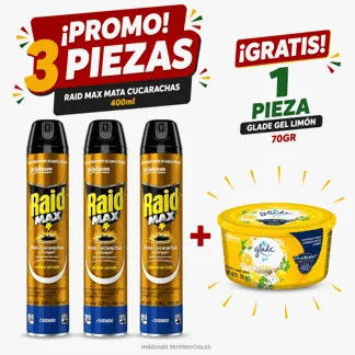 Raid Insecticida en Aerosol Doble Acción 400ml..(03 PIEZAS) - GRATIS: GRATIS: 01 pieza GLADE GEL LIMON 70GR