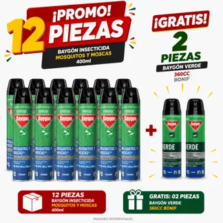 Baygón Insecticida Mosquitos y Moscas 400ml.(12 PIEZAS) - GRATIS: 02 pieza BAYGON VRDE 360CC BONIF