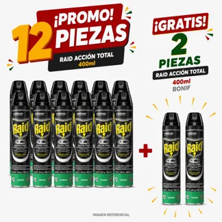 Raid Insecticida en Aerosol Acción Total 400ml..(12 PIEZAS) - GRATIS: 02 pieza RAID AE ACC TOTAL 400ML BONIF