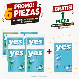 Yes Paño Absorbente Mix. x 04 unidades.(6 PIEZAS) - GRATIS: 01 Yes Paño Multiusos Mix. x 03 unidades.