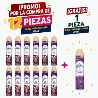 Glade Ambientador en Aerosol Mora Radiante 400ml.(12 PIEZAS) - GRATIS: 01 GLD AE LVNDA 400ML BONIF