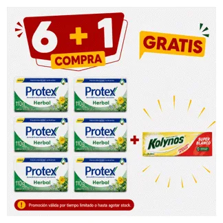 Protex Jabón de Tocador Herbal. Barra 110gr.( 6 unidades)- GRATIS: 01  KOLY SUPER BLANCO 60ML BONIF
