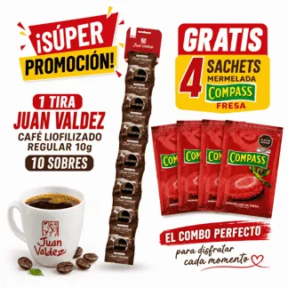 Juan Valdez Café Liofilizado Regular 10gr. (Display x 10 sobres 14/1) - GRATIS: 04 COMPASS MERM FRESA SACHET BOLSA BONIF BH