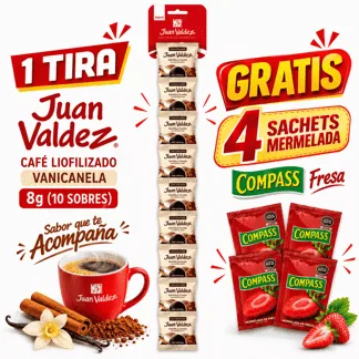 Juan Valdez Café Liofilizado VANCAN 8GR DS X (Display x 10 sobres 14/1) - GRATIS: 04 COMPASS MERM FRESA SACHET BOLSA BONIF BH