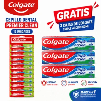 Colgate Cepillo Dental Premier Clean. (Tira x 12 unidades).- GRATIS: 03COLGATE TRIPLE ACCION 50ML BONIF