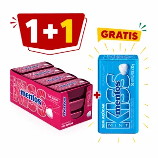 Mentos Kiss Fresa 35gr. Display 12 unidades.(1 Display) - GRATIS: 01 Mentos Kiss Menta 35gr