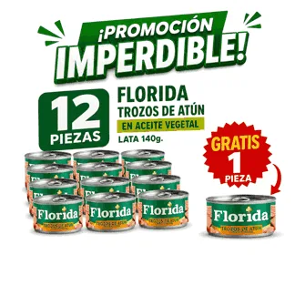 Florida Trozos de Atún Aceite Vegetal. Lata 140g.(12 piezas) - GRATIS: 01 Florida Trozos de Atún Aceite Vegetal. Lata 140g.