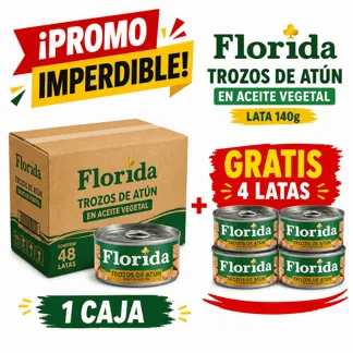Florida Trozos de Atún Aceite Vegetal. Lata 140g.(1 caja) - GRATIS: 04 Florida Trozos de Atún Aceite Vegetal. Lata 140g.