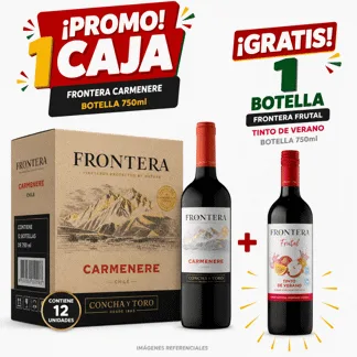 Frontera Carmenere. Botella 750ml.(1 caja) - GRATIS: 01 Frontera Frutal Tinto de Verano Vino Tinto Botella 750ml.