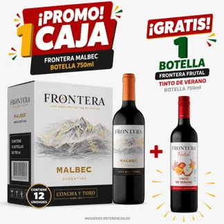 Frontera Malbec. Botella 750ml.(12 unidades) - GRATIS: 01 Frontera Frutal Tinto de Verano Vino Tinto Botella 750ml.