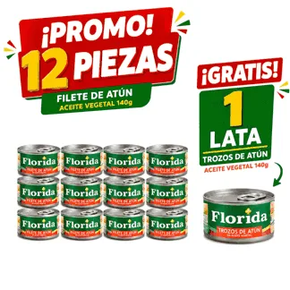 Florida Filete Atún Aceite Vegetal. Lata 140g.(12 piezas) - GRATIS: 01 Florida Trozos de Atún Aceite Vegetal. Lata 140g.