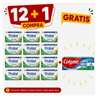 Protex Jabón de Tocador Herbal. Barra 110gr.(1 docena)- GRATIS: 01 COLG TRIP ACCI 75ML BONIF