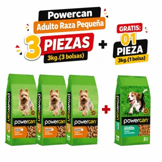 Powercan Adulto Raza Pequeña 3kg.(3 bolsas) - GRATIS: 01 Powercan Cachorro Raza Todas 3kg.