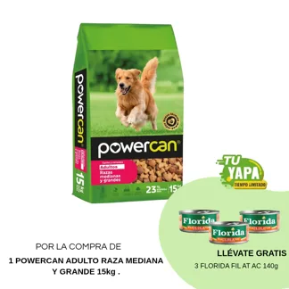 Powercan Adulto Raza Mediana y Grande 15kg.(1 bolsa) - GRATIS: 03 FLORIDA FIL AT AC 140G