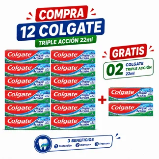 Colgate Crema Dental Triple Acción (Menta Suave) Tubo 22ml. (12 PIEZAS) - GRATIS: 02 COLG TRIP ACCI 22ML BONIF