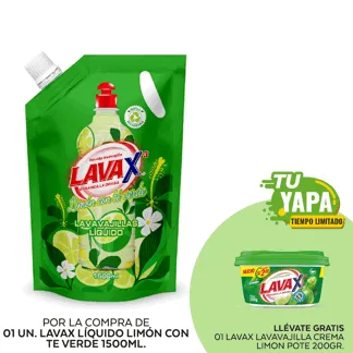 Lava Lavavajilla Líquido Limón con Té Verde. Doypack 1500ml. (01 unidad) -  GRATIS: 01 Lavax Lavavajilla Crema Limon. Pote 200gr.
