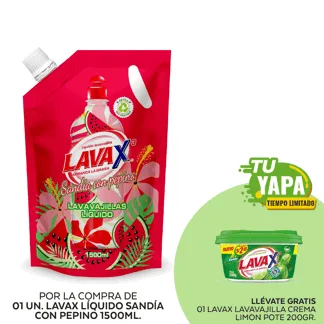 Lava Lavavajilla Líquido Sandia con Pepino. Doypack 1500ml. (01 unidad) -  GRATIS: 01 Lavax Lavavajilla Crema Limon. Pote 200gr.