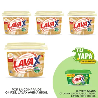 Lavax Lavavajilla Crema Avena. Pote 850gr. (04 unidades) -  GRATIS: 01 Lavax Lavavajilla Crema Limon. Pote 200gr.