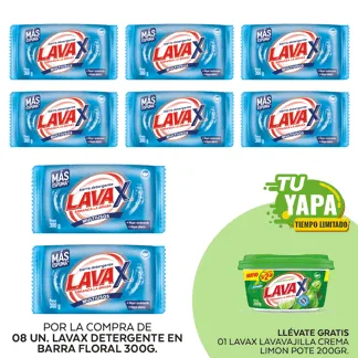 Lavax Detergente en Barra Floral 300gr. (08 unidades) -  GRATIS: 01 Lavax Lavavajilla Crema Limon. Pote 200gr.