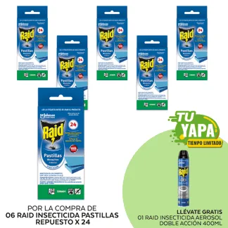 Raid Insecticida Pastillas Repuesto x 24. (06 unidades) - GRATIS: 01 Raid Insecticida en Aerosol Doble Acción 400ml.