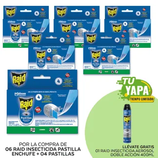 Raid Insecticida Pastillas Aparato Eléctrico + 4pastillas. (06 unidades) - GRATIS: 01 Raid Insecticida en Aerosol Doble Acción 400
